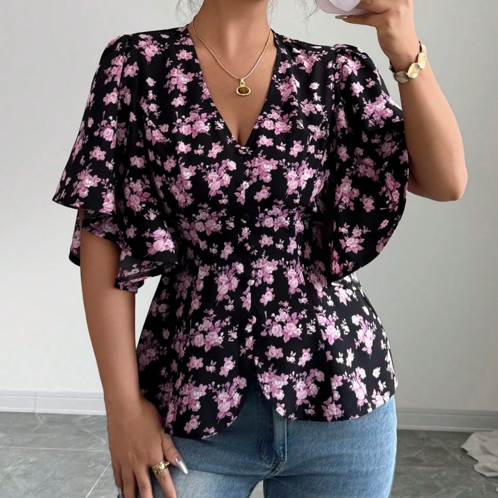 Boho Floral Print V neck Butterfly Print Button Down Blouse